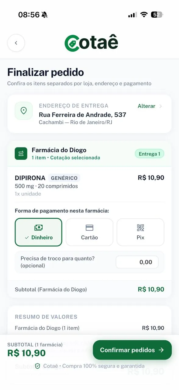 Finalização do pedido com itens separados por loja e forma de pagamento