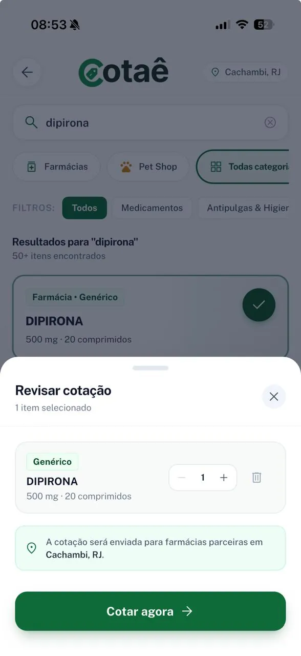 Tela de revisão da cotação com ajuste de quantidade antes de enviar